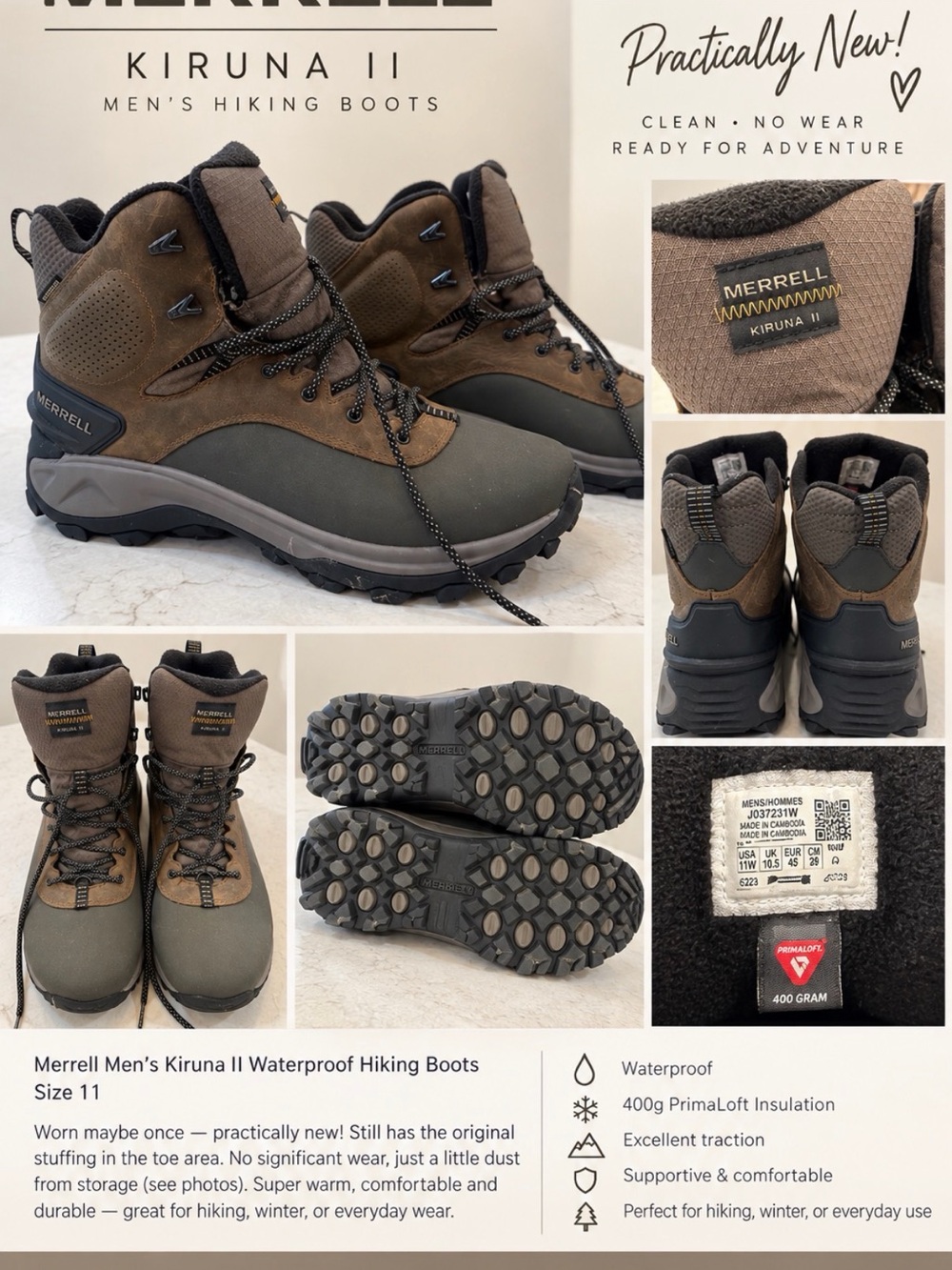 Merrell Kiruna II Men’s Waterproof Winter Hiking Boots - size 11 - 400g Primalot